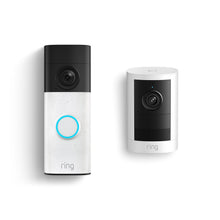 Ring Battery Doorbell 2K in Speckled White with Outdoor Cam 2K, Battery in White.