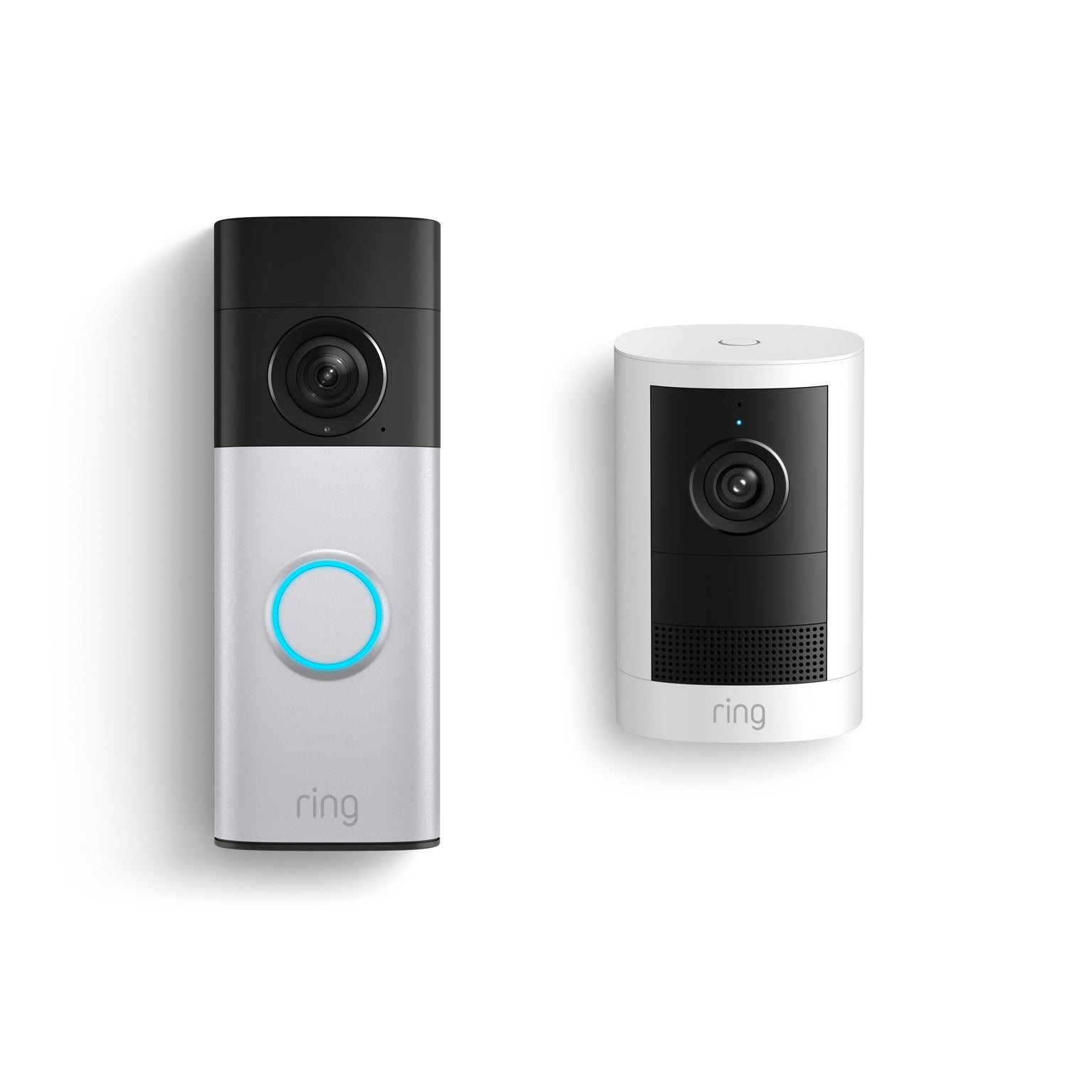 Ring Battery Doorbell 2K Plus in Nickel Silver with Outdoor Cam 2K, Battery in White.