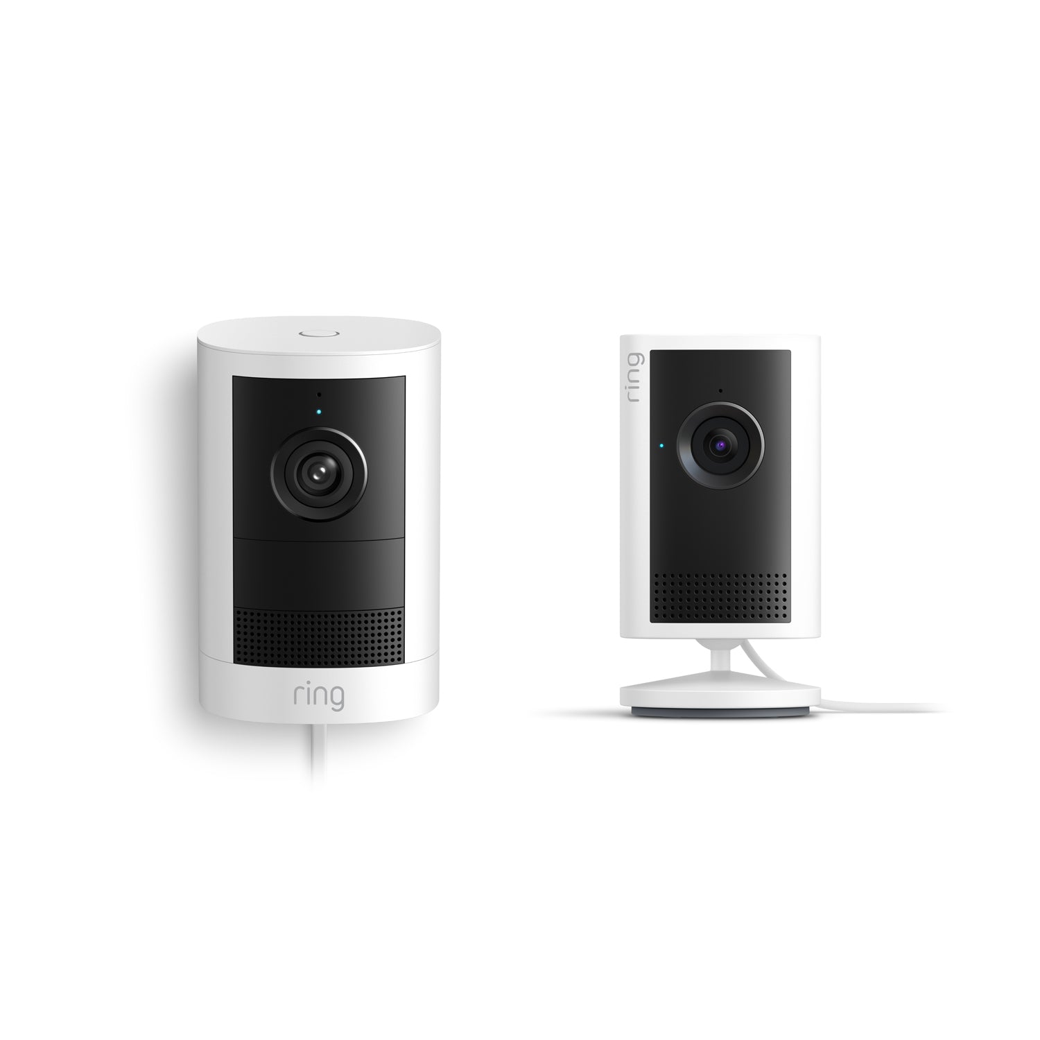 Ring Outdoor Cam 2K plug-in and Indoor Cam 2K in White.