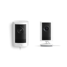 Ring Outdoor Cam 2K plug-in and Indoor Cam 2K in White.