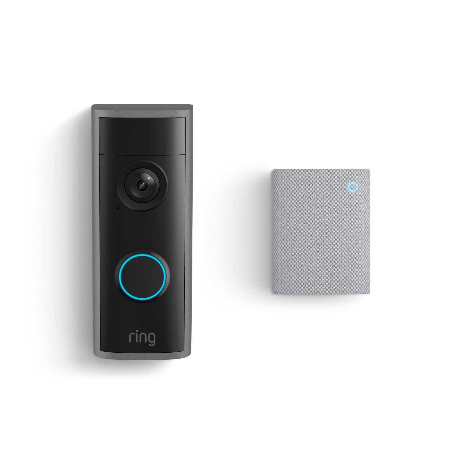 Black Ring video doorbell with blue-lit button and camera, shown next to a small gray chime with a blue indicator light.