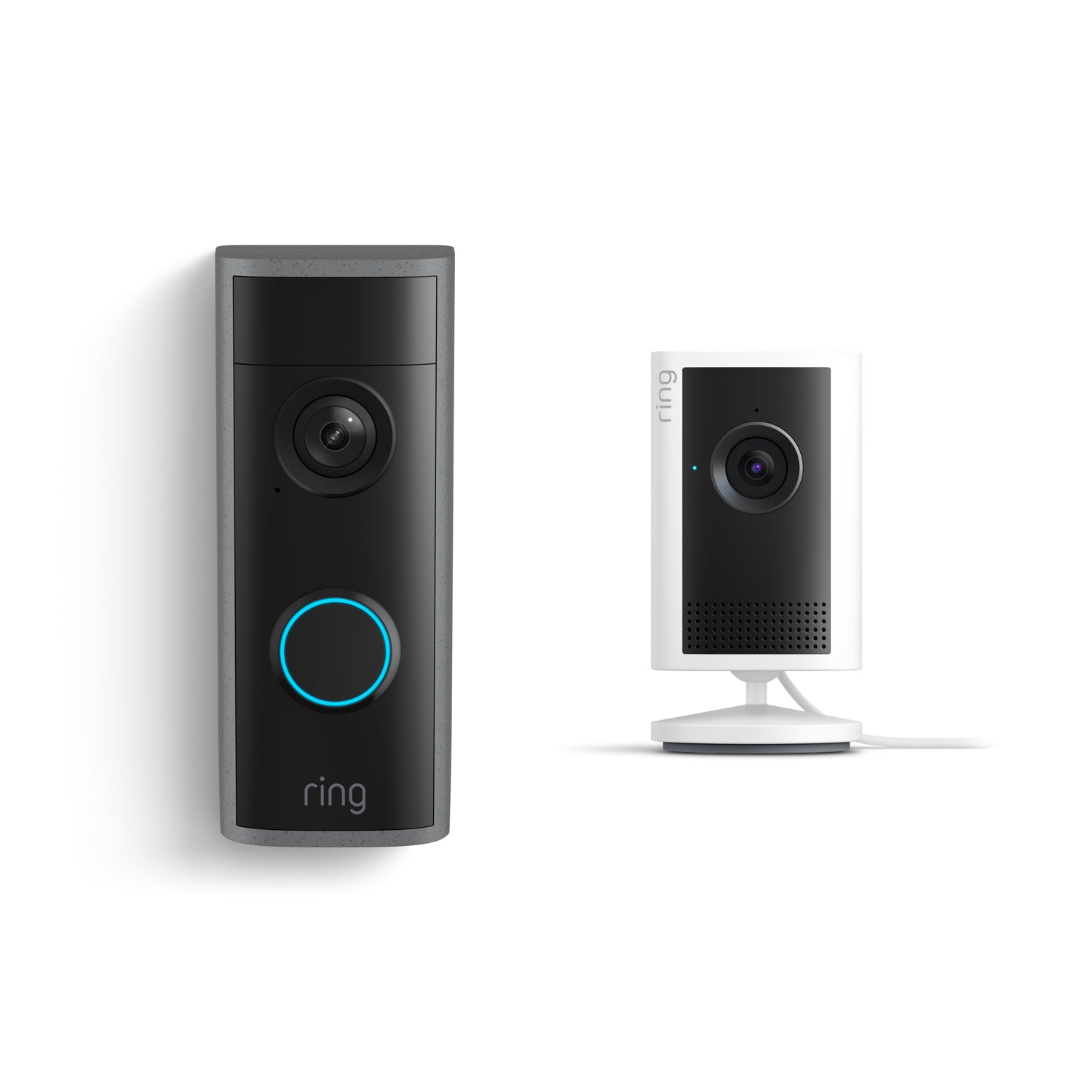 Black Ring video doorbell with blue-lit button beside a white indoor Ring camera on a stand, both against a white background.