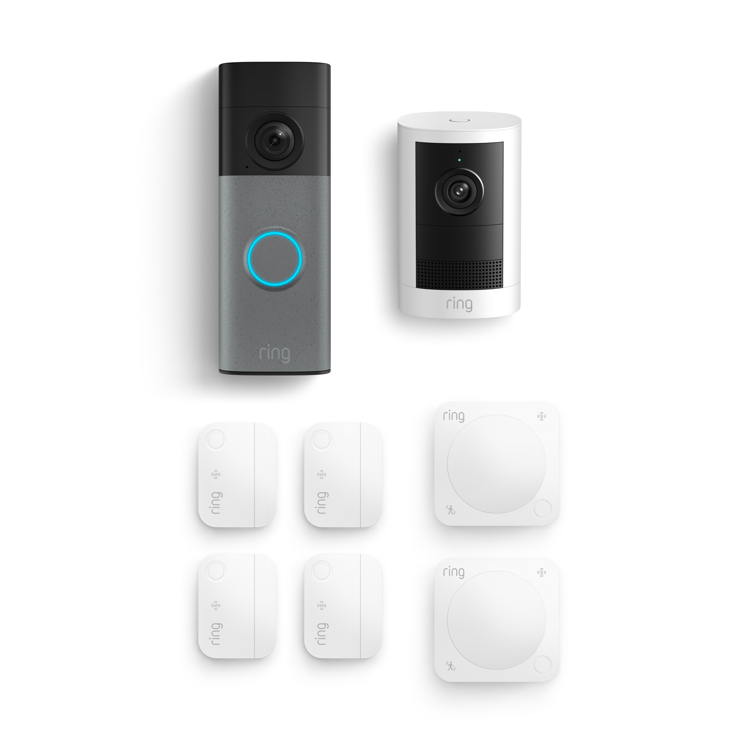 Ring home security bundle: video doorbell, indoor camera, four contact sensors, and two motion detectors arranged on a white background.