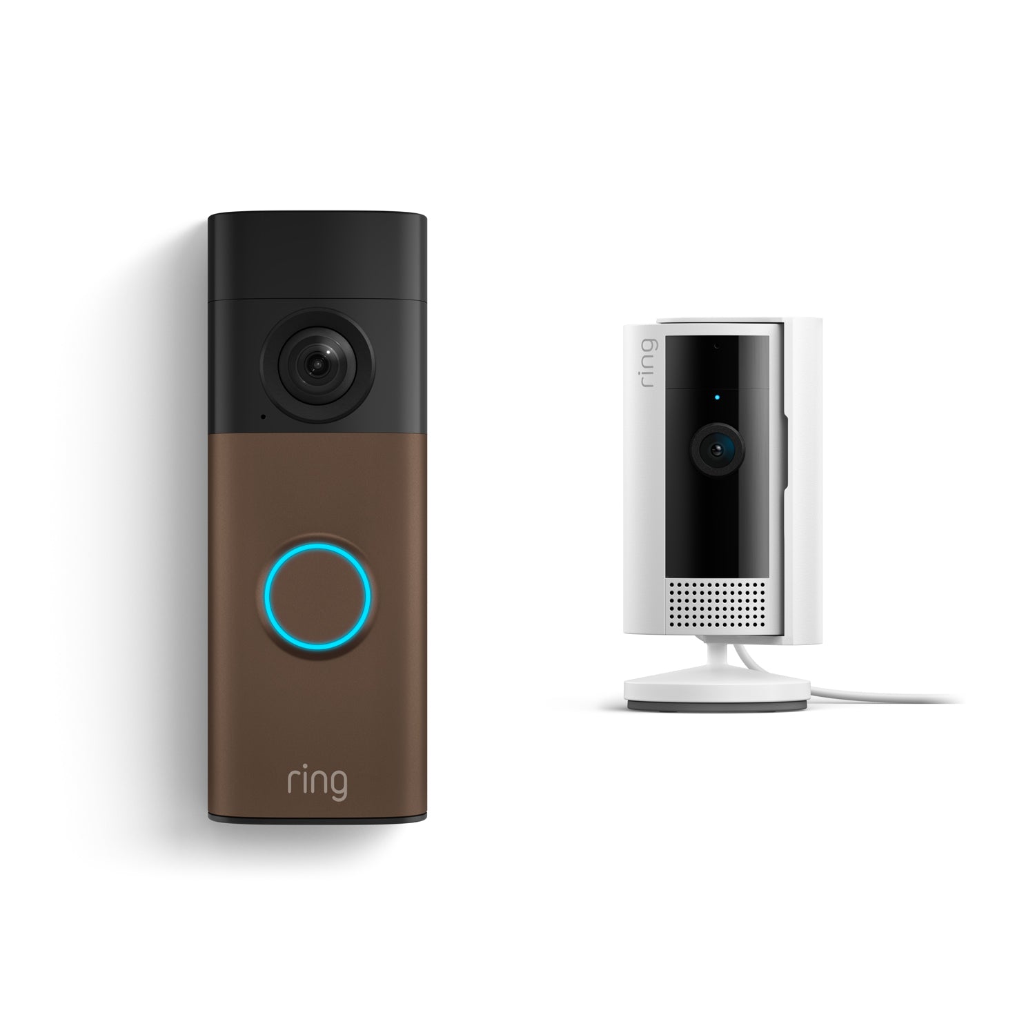 Ring doorbell with glowing blue button next to a compact white indoor camera on a stand, both against a clean white background.