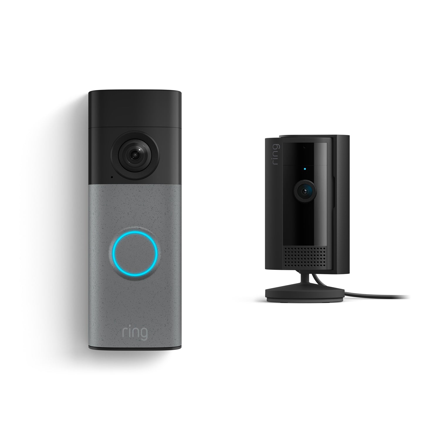 Gray smart doorbell with glowing blue ring next to a small black indoor camera on a stand against a white background.