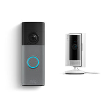 Ring video doorbell with glowing blue button beside a white indoor camera on a stand, both against a clean white background.