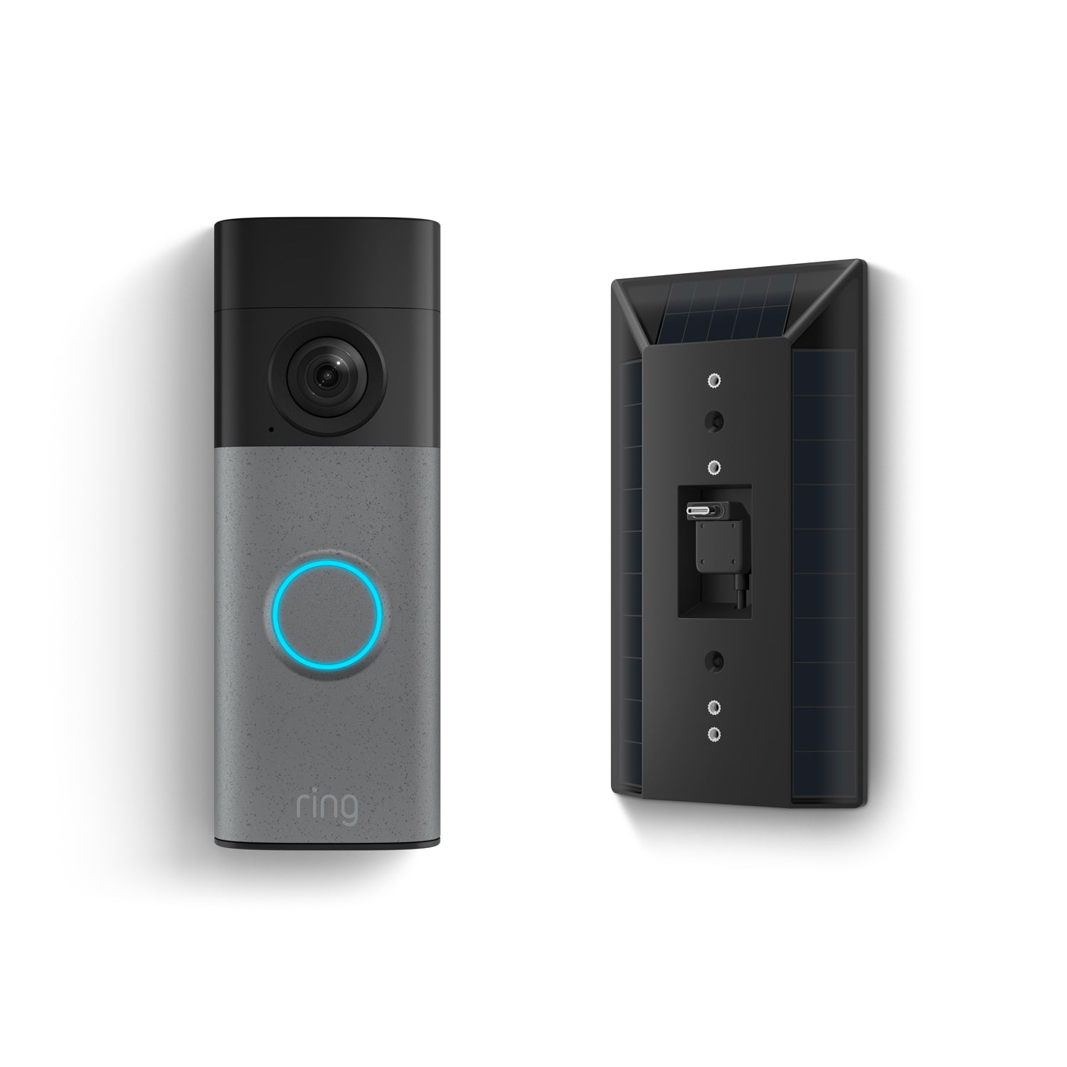 Battery Doorbell 2K  with blue-lit ring next to a black solar panel mount showing a USB-C port and mounting holes.