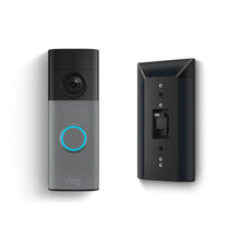 Battery Doorbell 2K  with blue-lit ring next to a black solar panel mount showing a USB-C port and mounting holes.