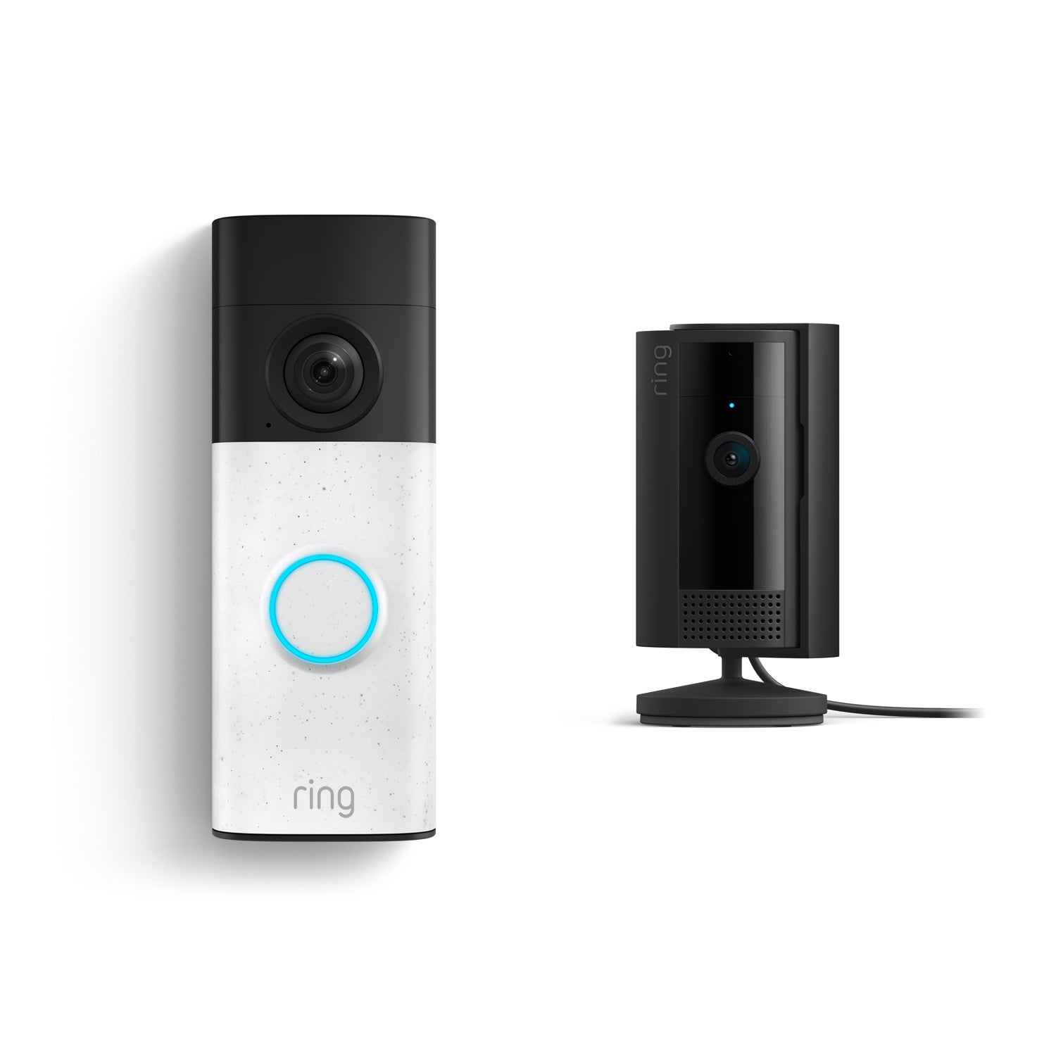 Ring video doorbell with glowing blue button on left, and a small black indoor camera on a stand with power cable on right.