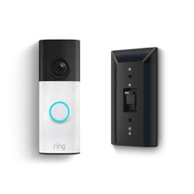 Battery Doorbell 2K with glowing blue button next to a black solar panel mount showing a USB-C charging port.