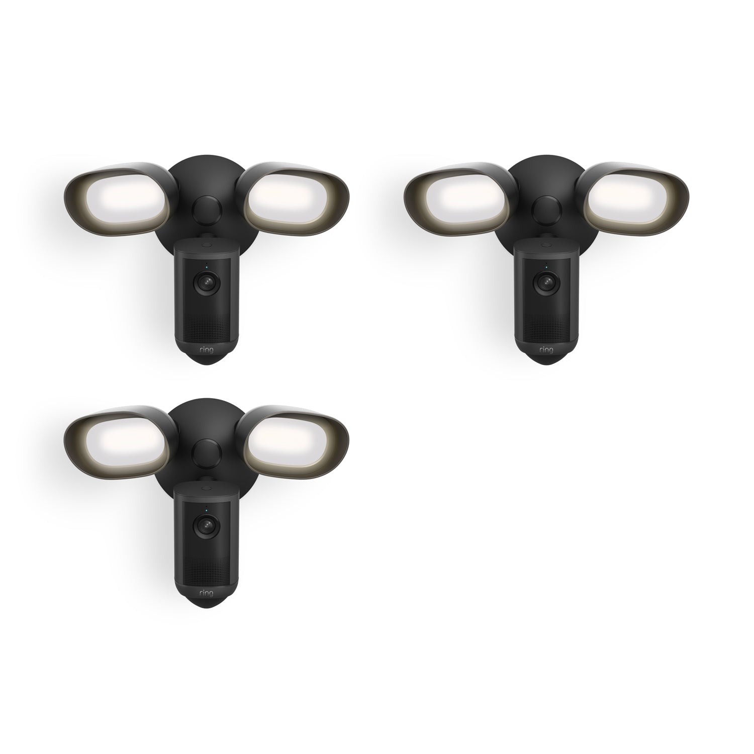 Three black outdoor floodlight fixtures with built-in cameras, each with two bright oval LED lights on a white background.