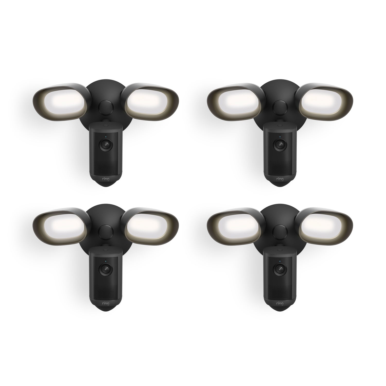 Set of four black dual-head outdoor floodlight cameras with bright white LEDs, arranged in a grid on a white background.