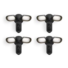 Set of four black dual-head outdoor floodlight cameras with bright white LEDs, arranged in a grid on a white background.