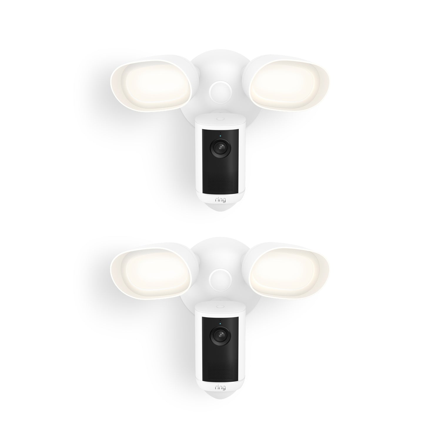 Two white Ring floodlight cams with dual LED lamps and central camera units, shown front-facing on a plain white background.