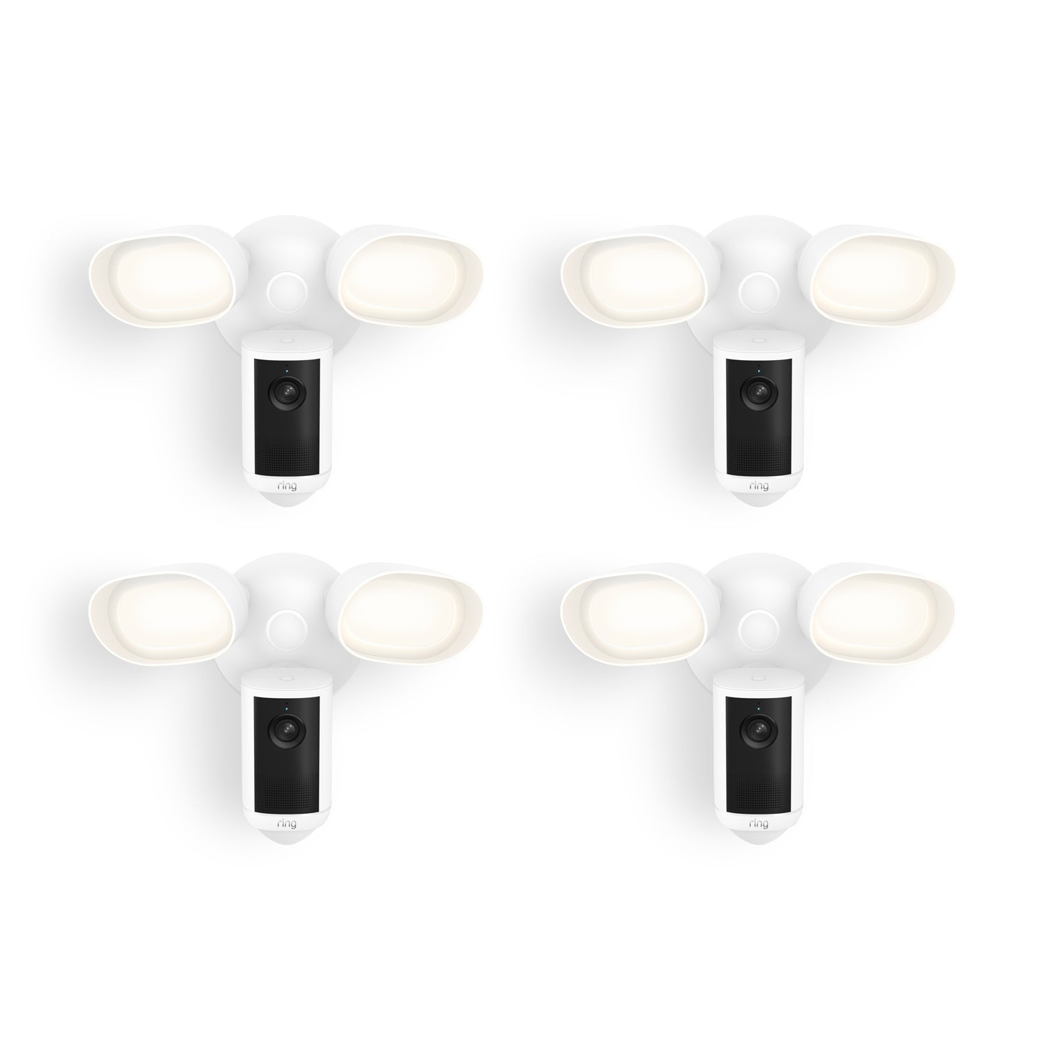 Set of four white outdoor floodlight units with built-in cameras, arranged in a grid on a plain white background.