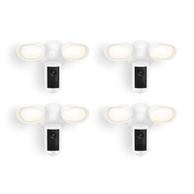 Set of four white outdoor floodlight units with built-in cameras, arranged in a grid on a plain white background.