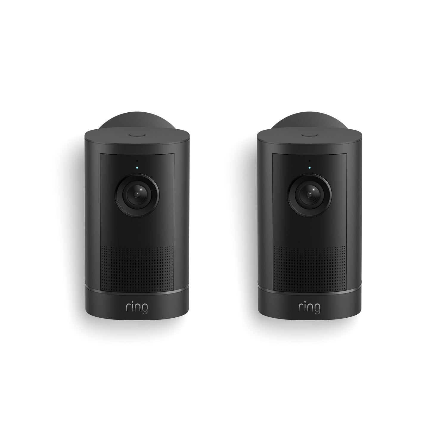 Two black Ring outdoor security cameras side by side on a white background, each with a lens, speaker grille, and small status light.