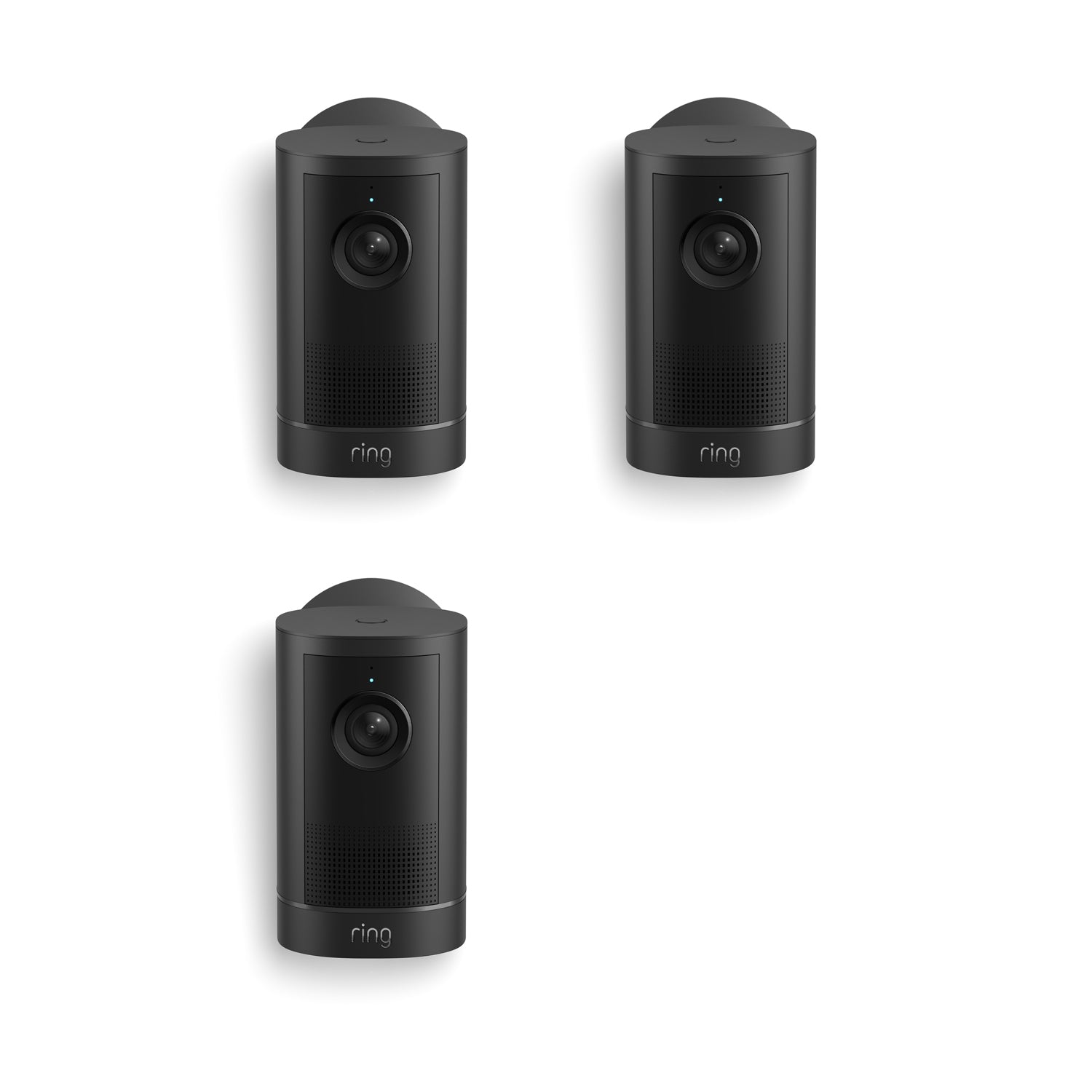 Three black Ring security cameras on a white background, each with a central lens and small LED indicator.