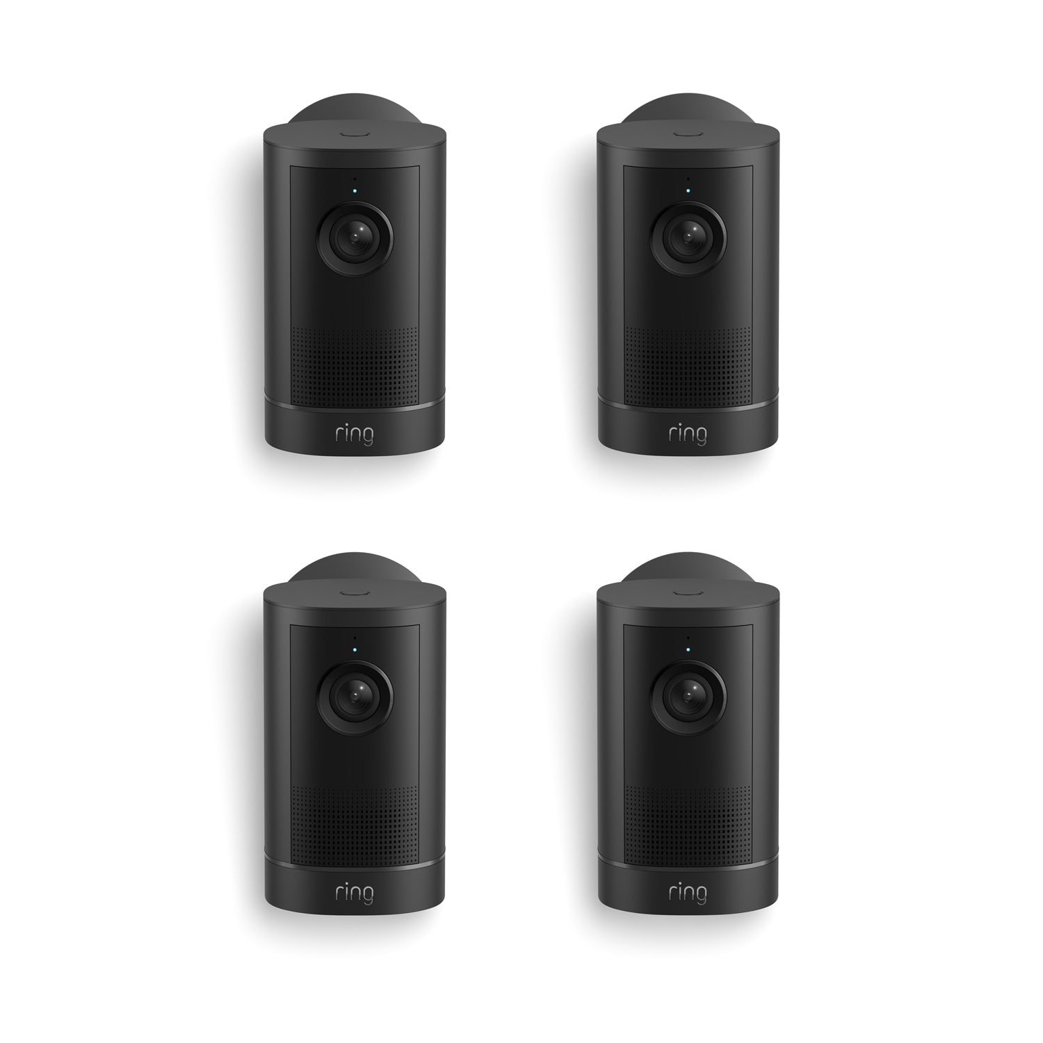 Set of four black Ring cameras arranged in a grid on a white background, each with a lens and small status light.