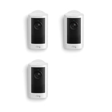 Set of three white Ring outdoor cameras on a white background, each with a black faceplate and lens centered near the top.