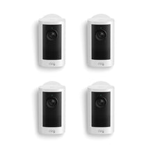 Set of four white Ring  cameras with black fronts, each showing a lens and speaker grille, arranged in a 2x2 grid on a white background.