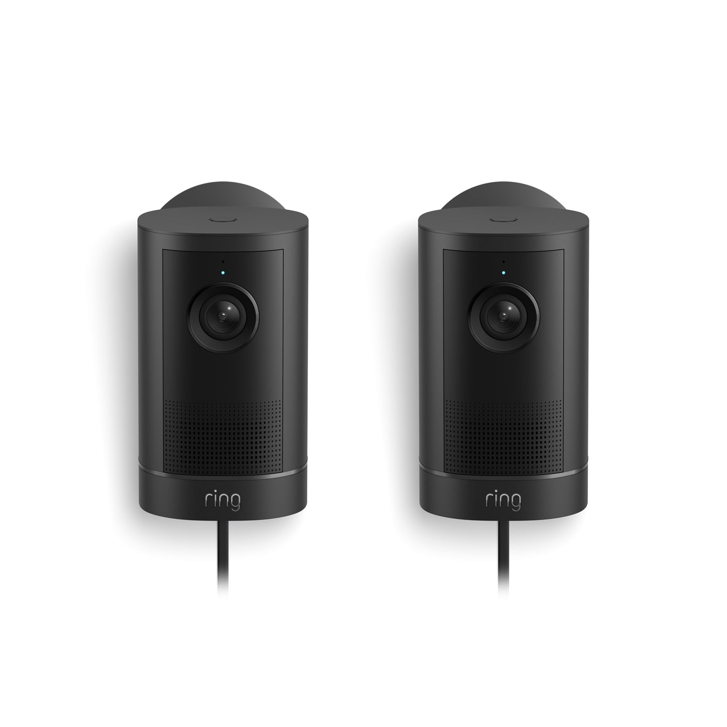Two black Ring plug-in outdoor cameras with lenses and speaker grilles, shown side by side on a white background.