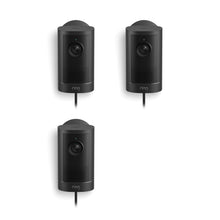 Set of three black Ring wired cameras on a white background, each with lens, speaker grille, and small status light.