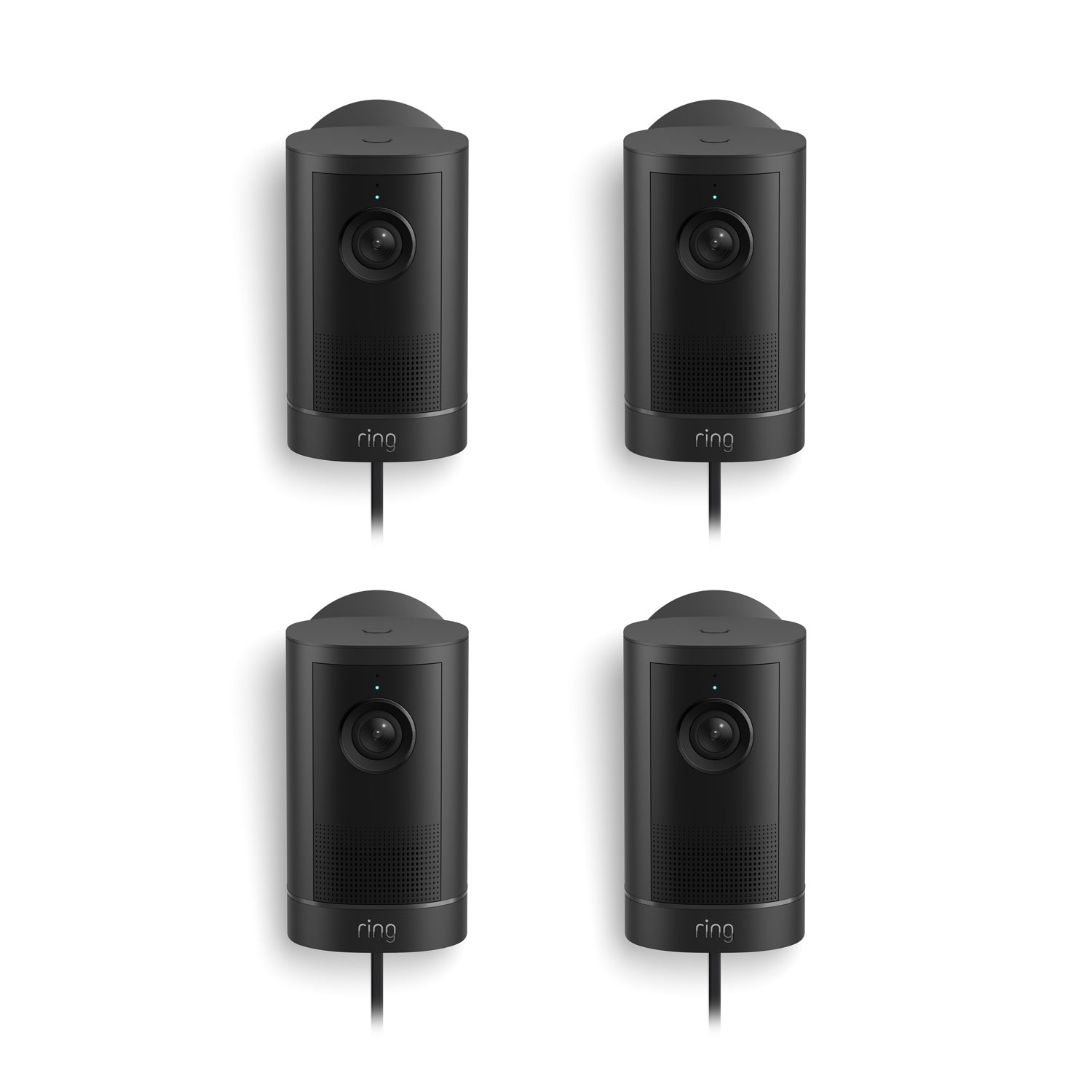 Set of four black Ring wired security cameras on a white background, each with lens, speaker grille, and power cord.