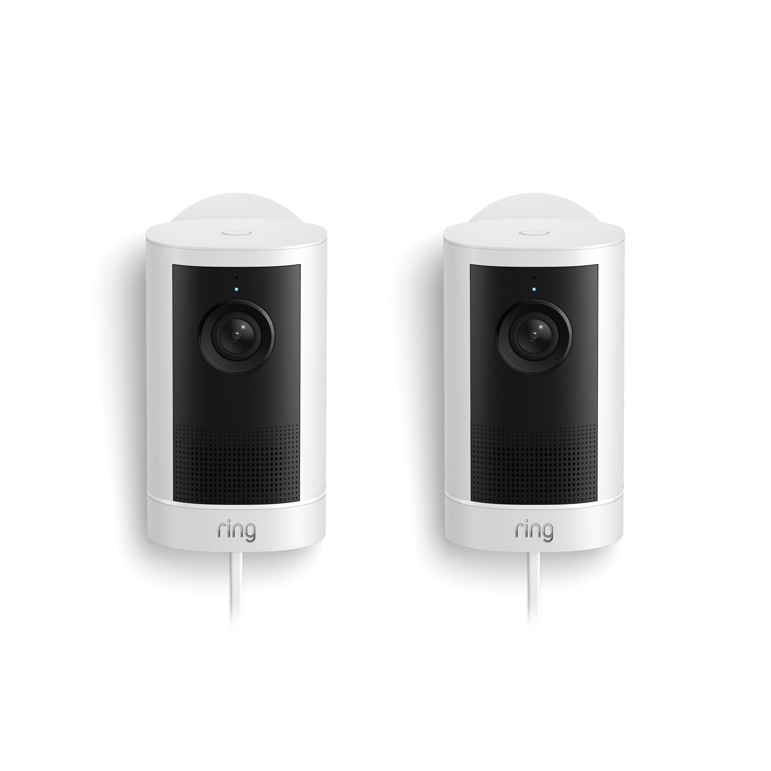 Two white Ring outdoor plug-in cameras with black fronts, lenses centered, speaker grills below, shown side by side on a white background.