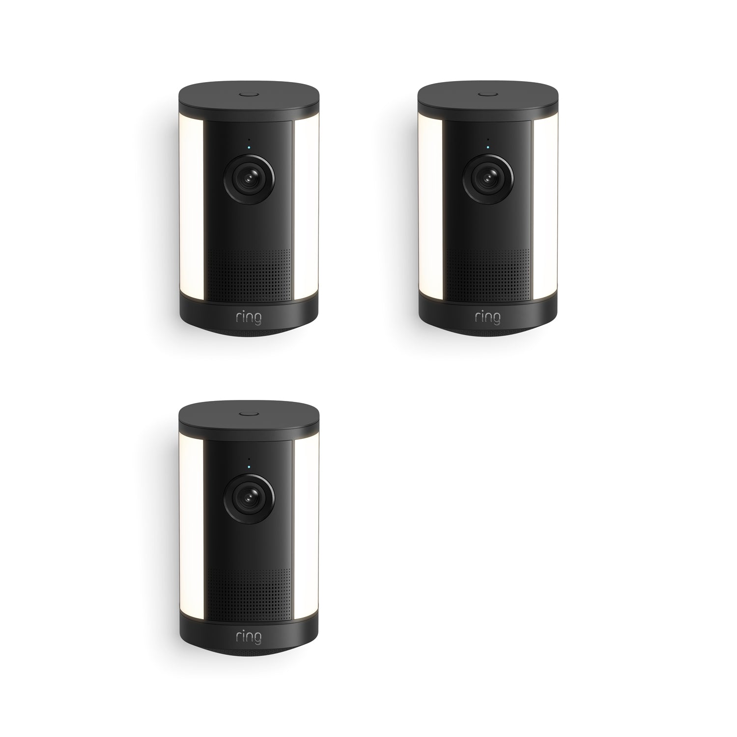 Set of three black Ring spotlight security cameras with side lights, front lens, and speaker grilles on a white background.