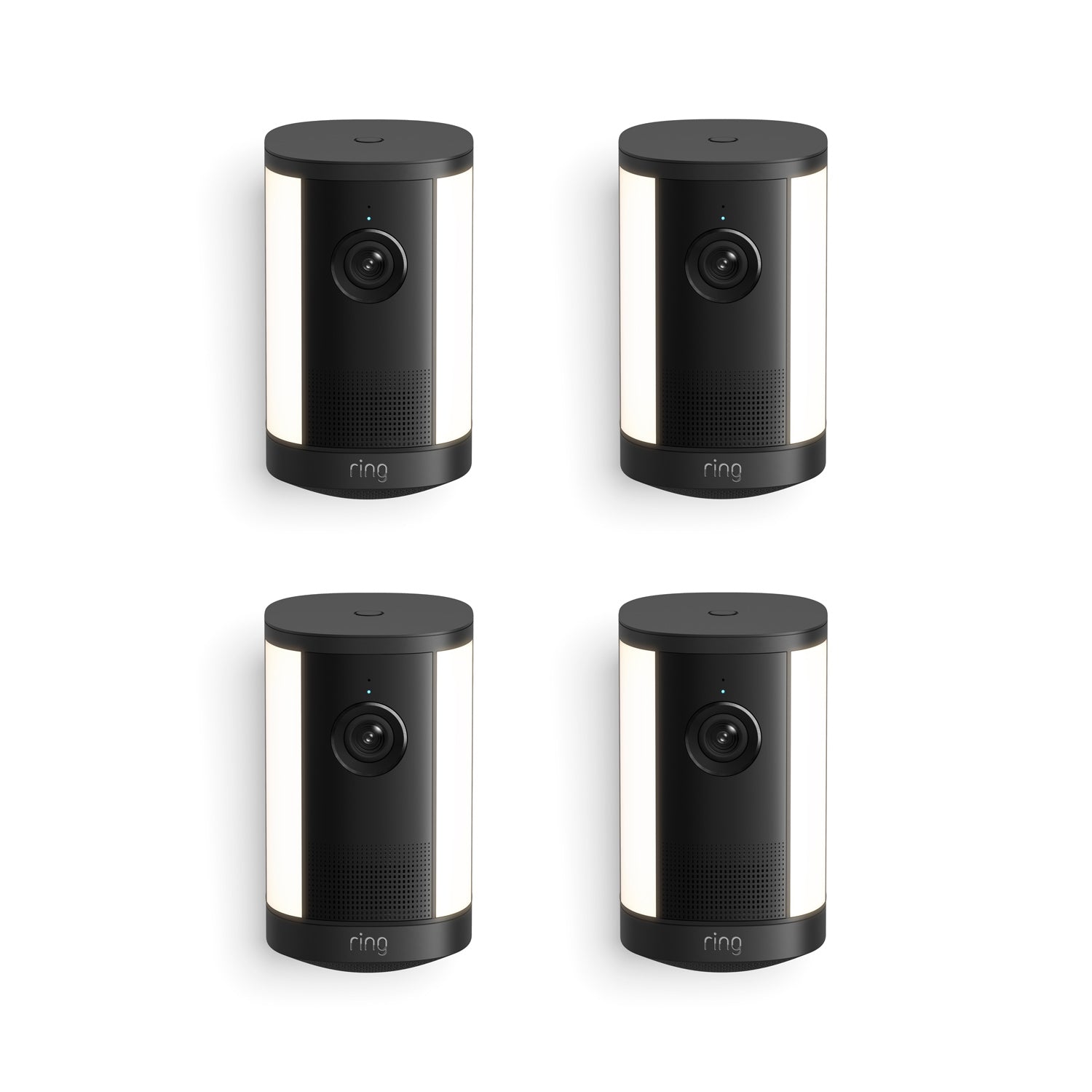 Four black Ring spotlight security cameras with side light panels, arranged in a 2x2 grid on a white background.