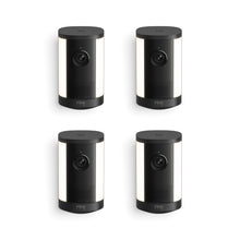 Four black Ring spotlight security cameras with side light panels, arranged in a 2x2 grid on a white background.