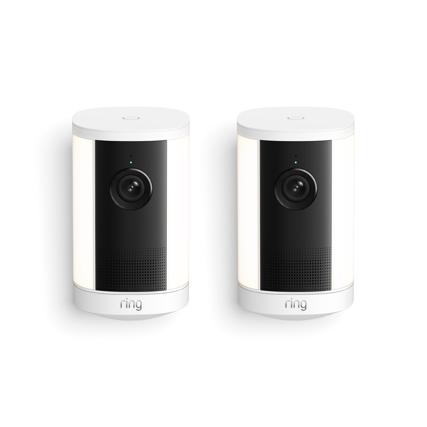 Two white cylindrical Ring spotlight cameras with black lens panels and LED light strips, shown side by side on a white background.