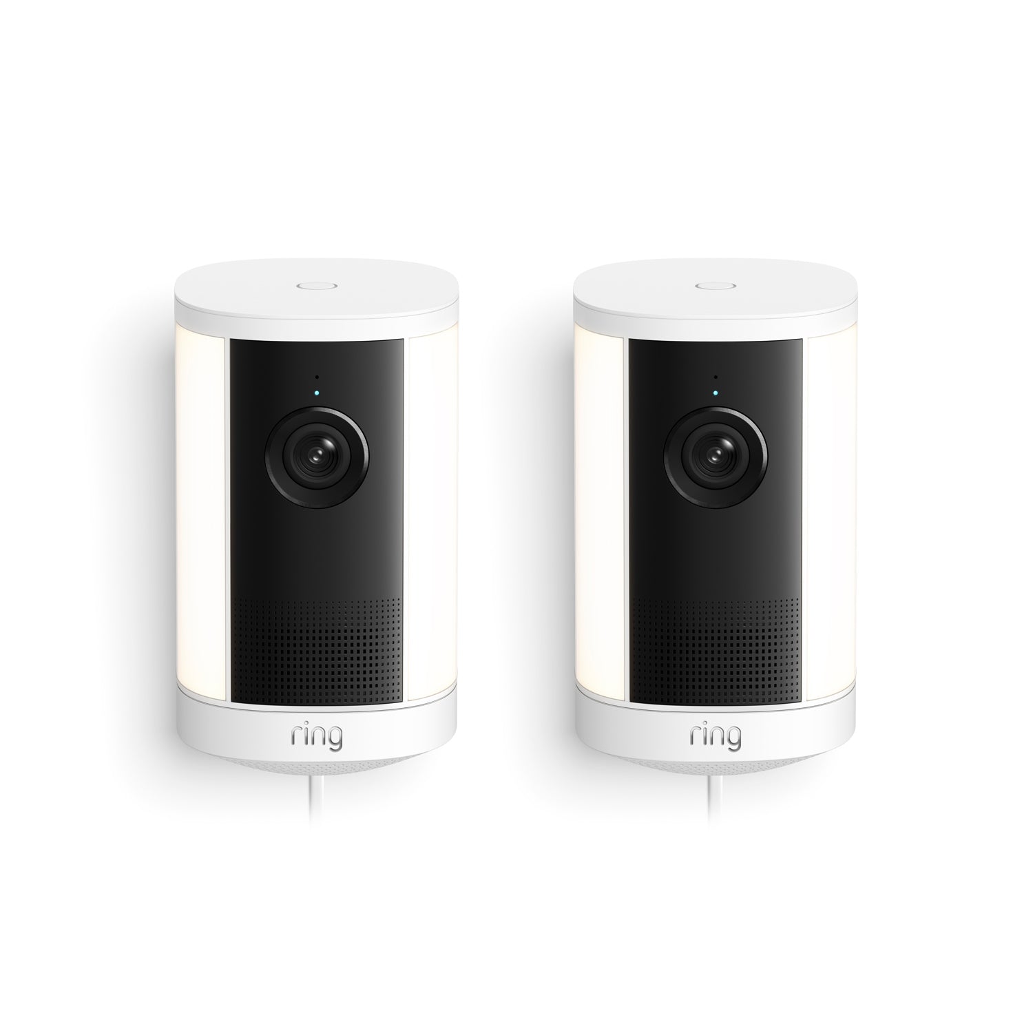 Two white cylindrical Ring spotlight cameras with black fronts and integrated lights, shown side by side on a white background.