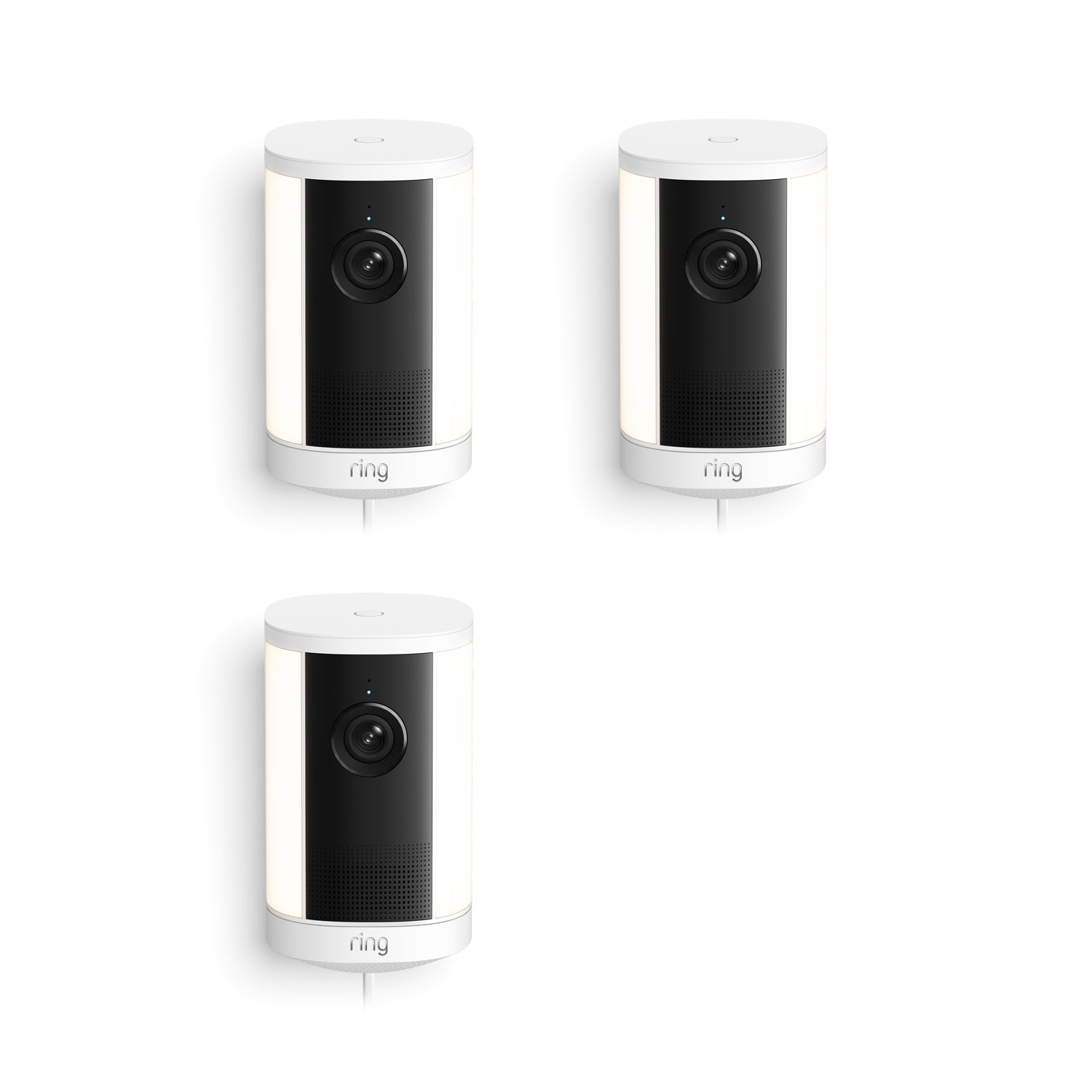 Set of three white Ring spotlight cameras with black fronts and lenses, arranged in a triangle on a white background.