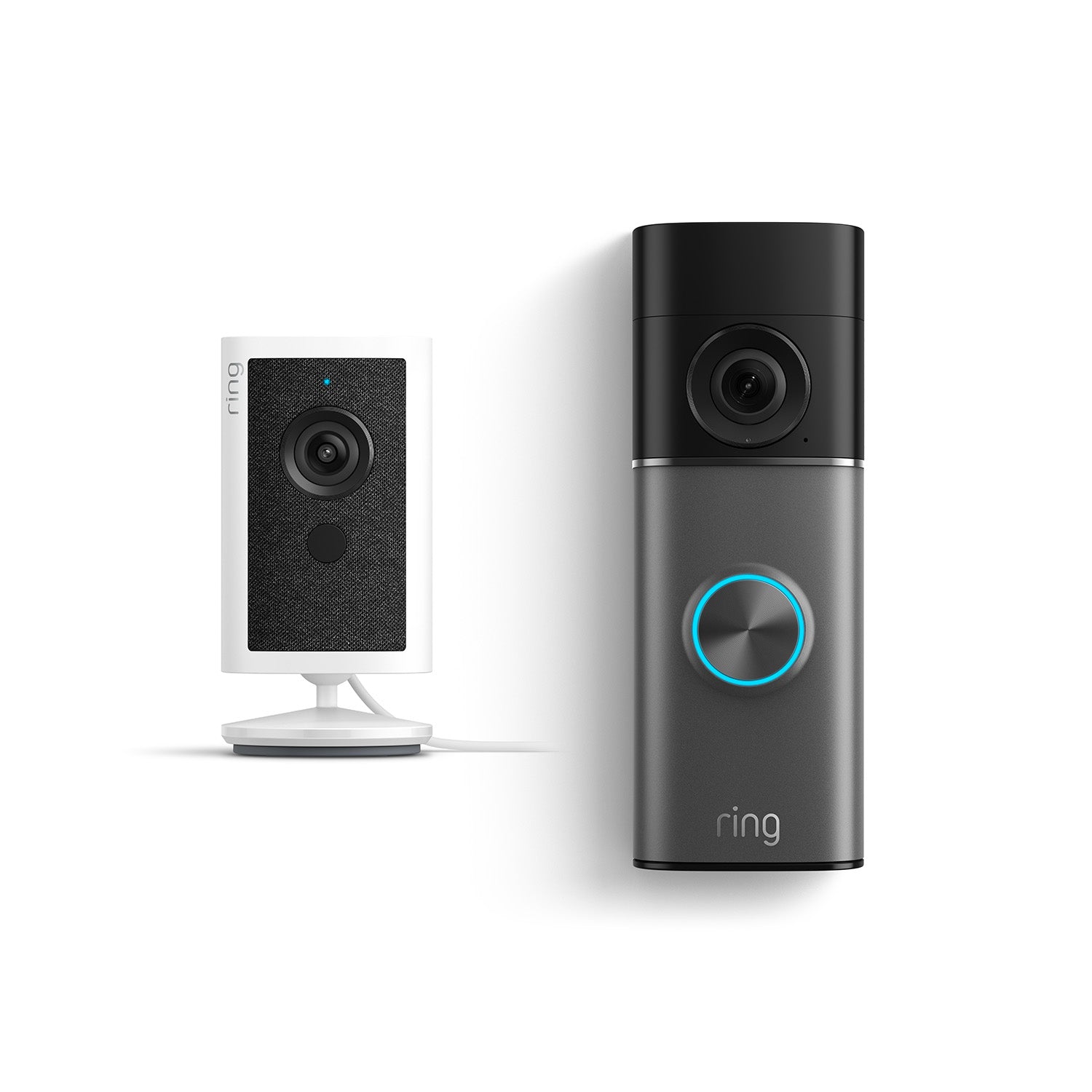 Ring indoor camera on a stand next to a black-and-gray Ring video doorbell with a blue-lit button on a white background.