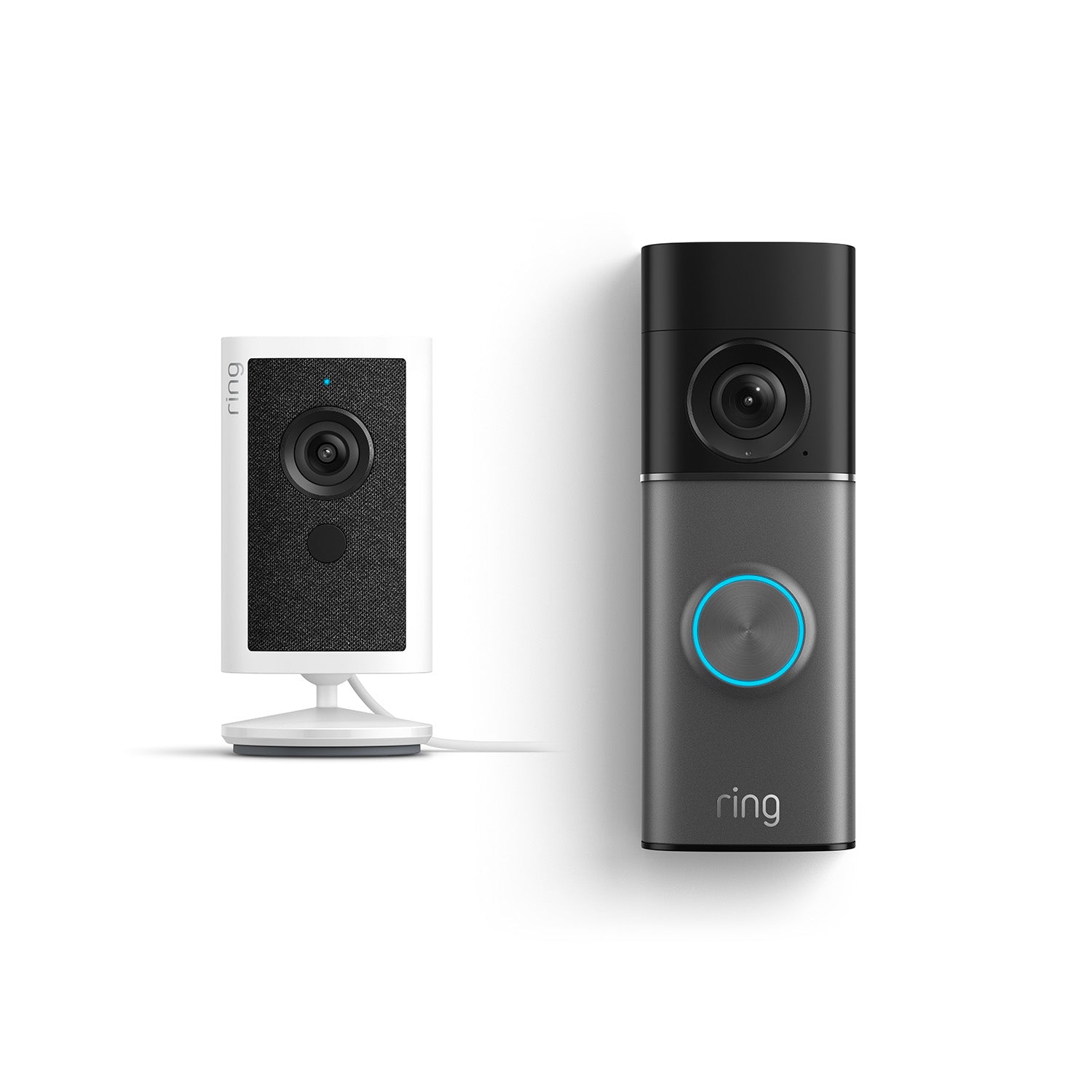 Ring indoor camera on a stand next to a black and gray Ring video doorbell with a glowing blue button, shown on a white background.