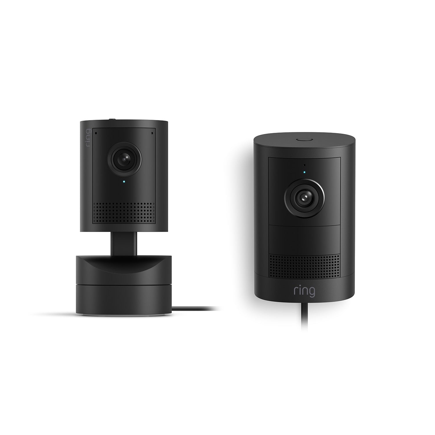 Ring Outdoor Cam 2K Plug-In and Pan-Tilt Indoor Cam 2K in Black.