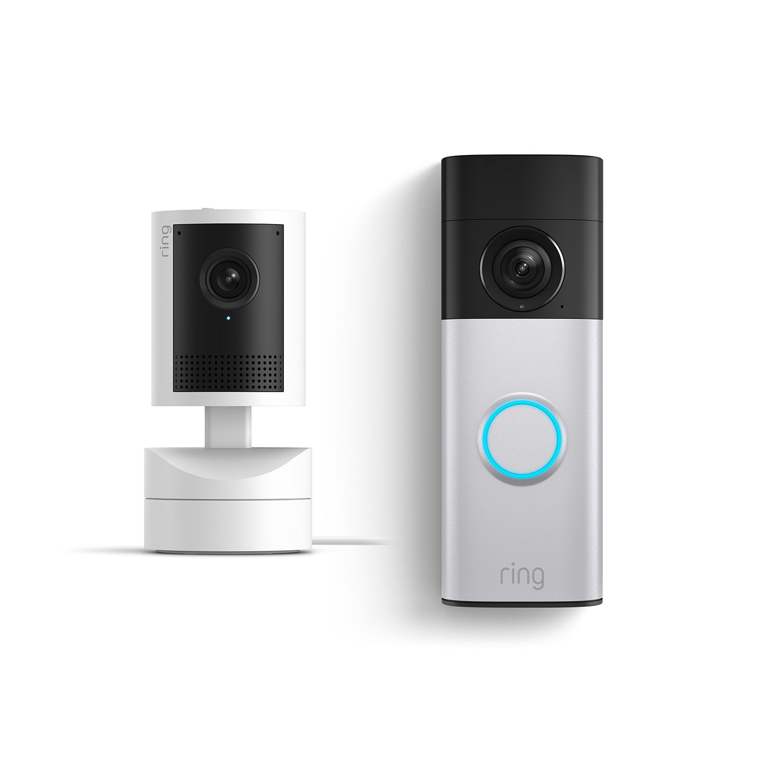 Ring Battery Doorbell 2K Plus and Pan-Tilt Indoor Cam 2K in White.