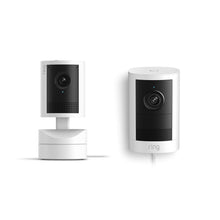 Ring Outdoor Cam 2K Plug-In and Pan-Tilt Indoor Cam 2K in White.
