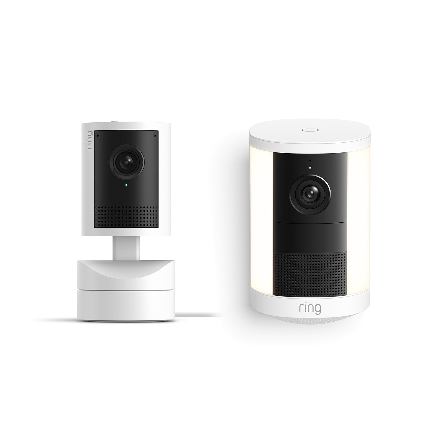 Ring Spotlight Cam 2K and Pan-Tilt Indoor Cam 2K in White.