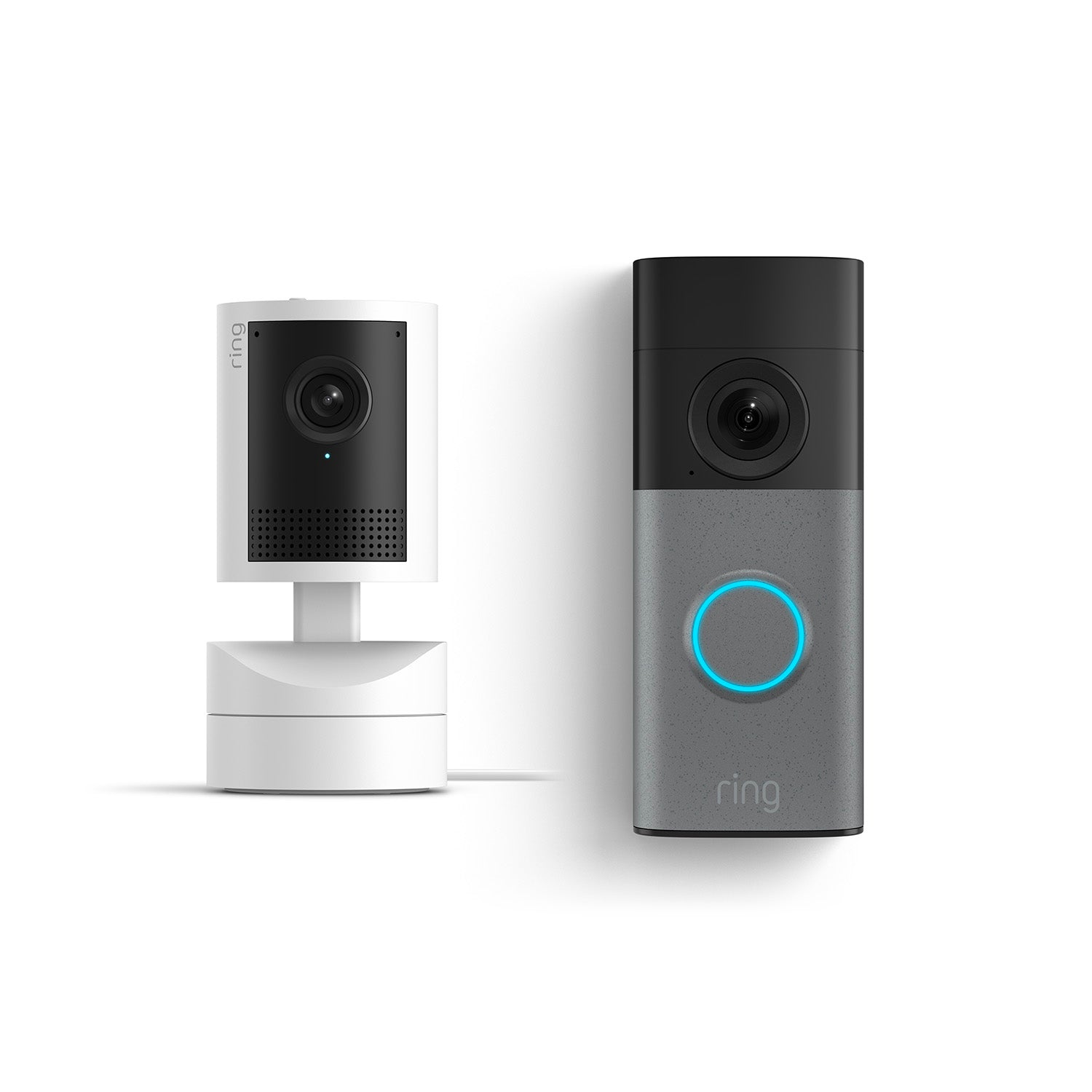 Ring Wired Doorbell 2K and Pan-Tilt Indoor Cam 2K in White.
