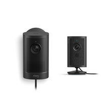 Ring Outdoor Cam 4K Plus (Plug-In) in black with power cable next to a black Ring Indoor Cam 4K.