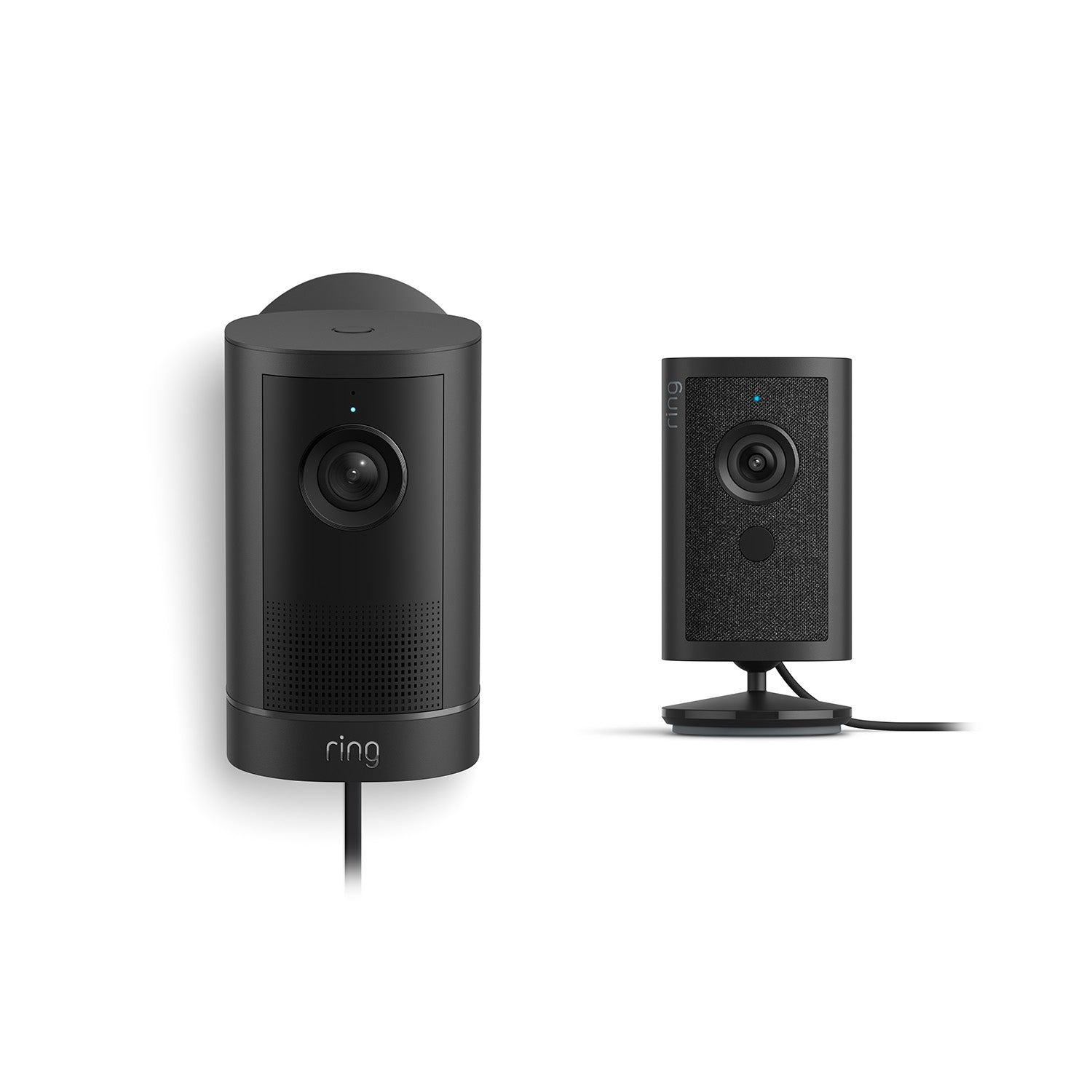 Ring Outdoor Cam 4K Plus (Plug-In) in black with power cable next to a black Ring Indoor Cam 4K.