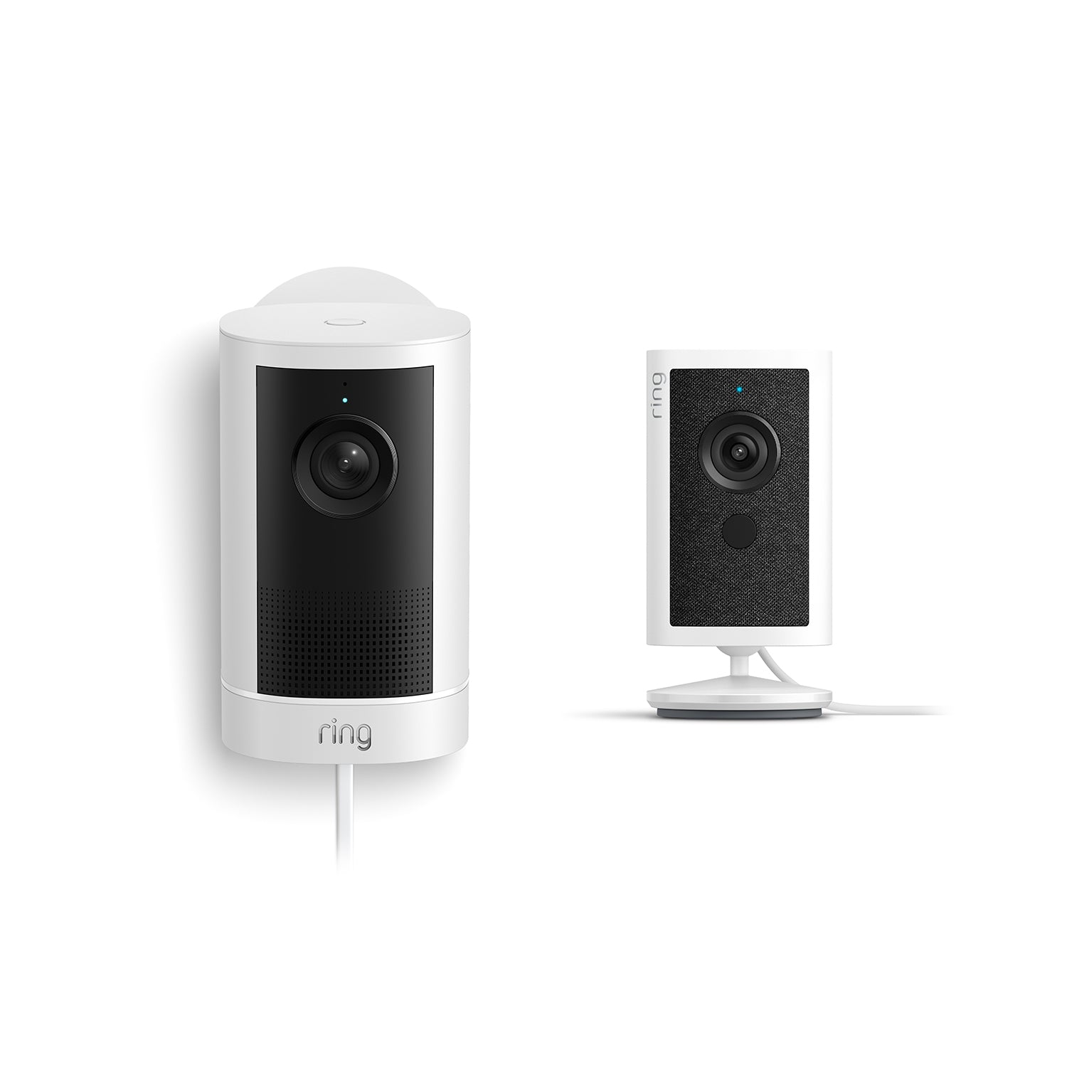 Ring Outdoor Cam 4K Plus (Plug-In) in white with power cable next to a white Ring Indoor Cam 4K.