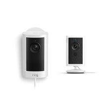 Ring Outdoor Cam 4K Plus (Plug-In) in white with power cable next to a white Ring Indoor Cam 4K.