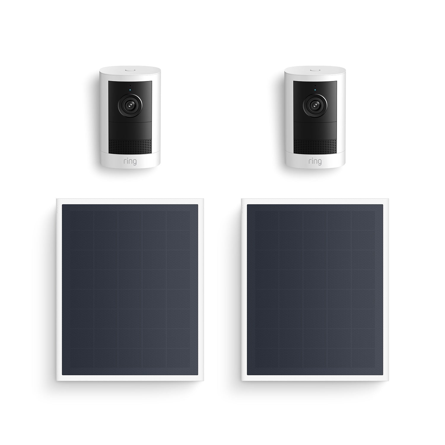 Two white Ring indoor/outdoor cameras paired with two rectangular black solar panels on a white background.