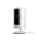 Smart doorbell with camera, black top and gray body, glowing blue ring button on the front.