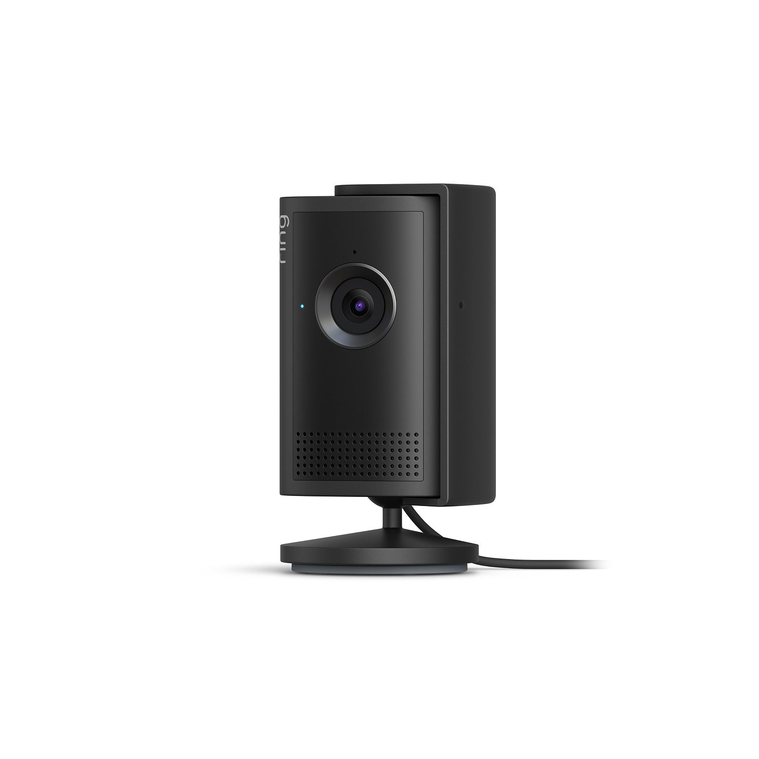 Black indoor security camera on a stand with power cable, single lens, perforated speaker grill, and small status light.