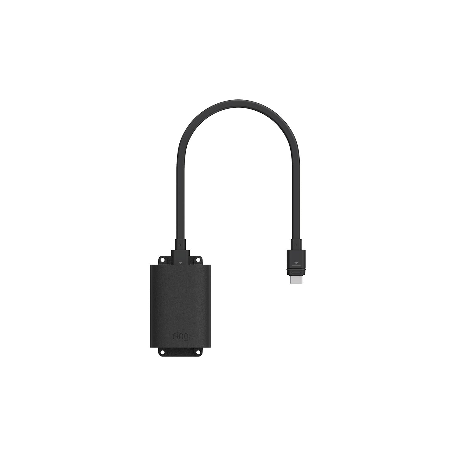Black Ring power adapter with a short flexible cable and USB-C connector, shown on a white background.